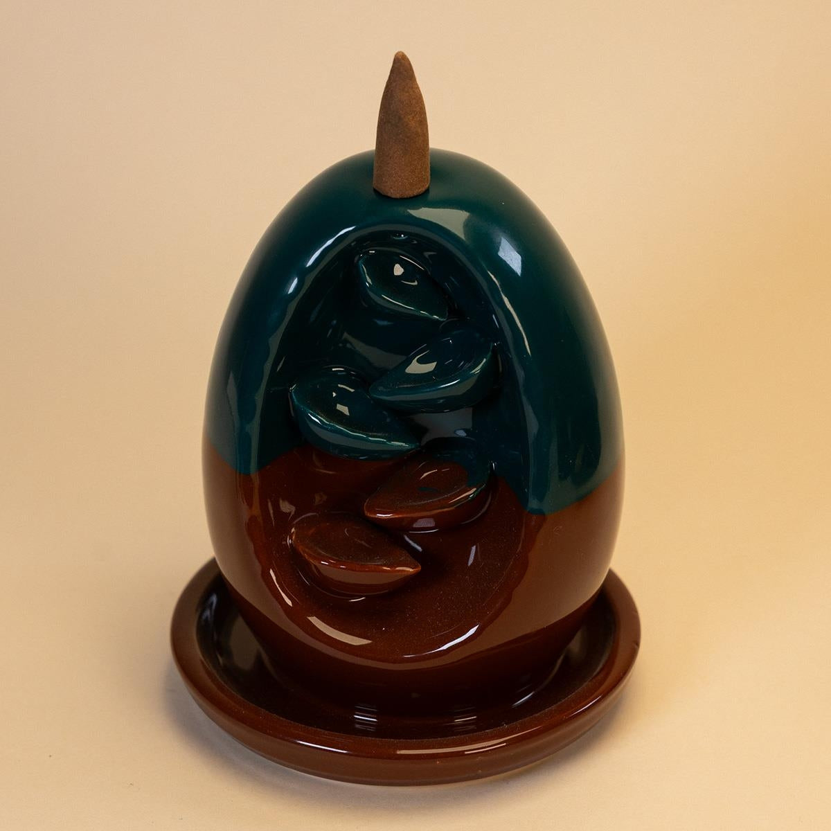 Ceramic Backflow Incense Burner Brown Petrol Green