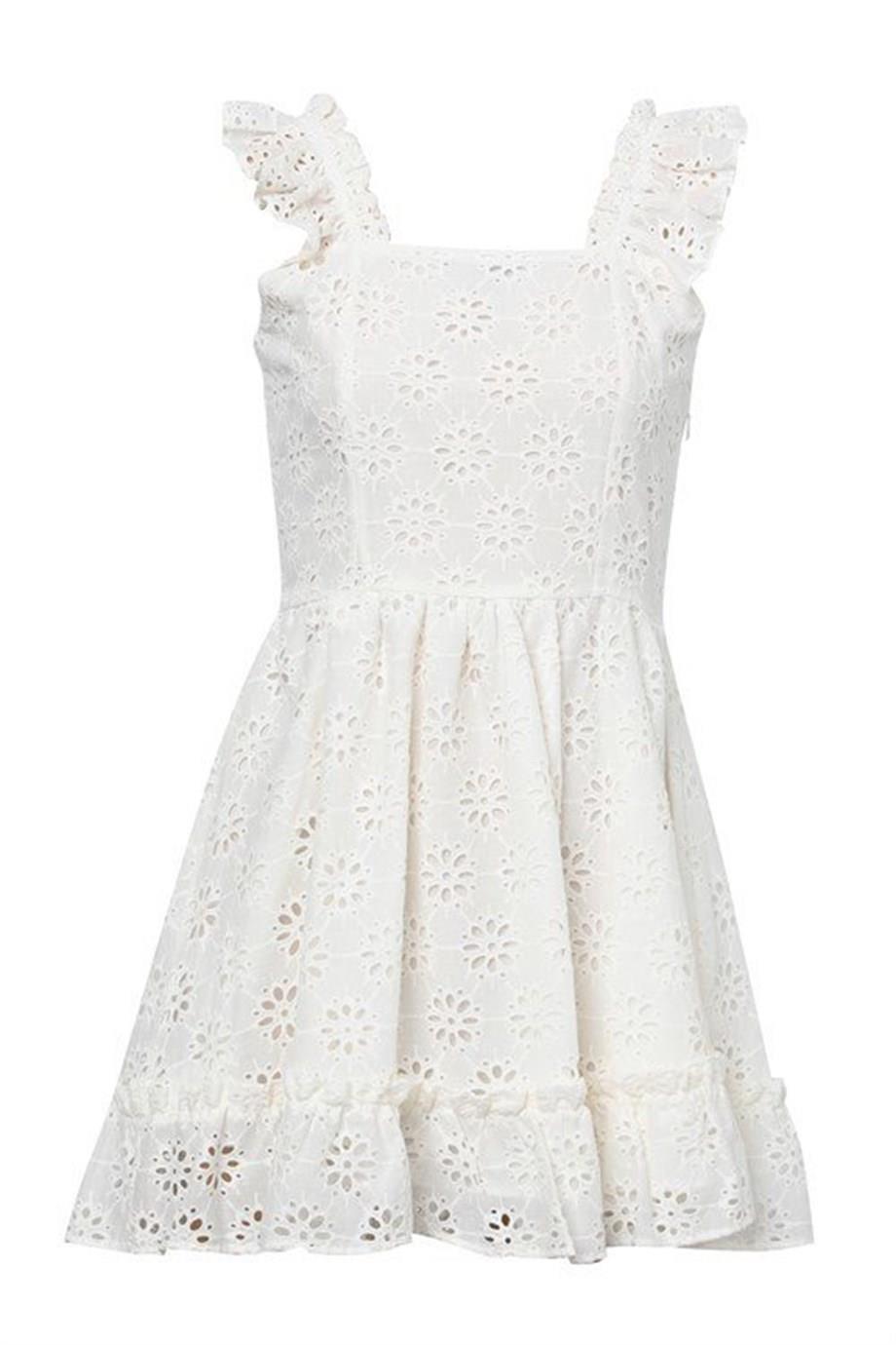 Askılı Kare Yaka Güpür Elbise