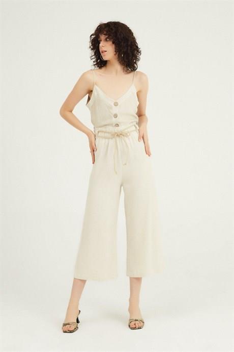 Beli Bağcıklı Bej Pantolon