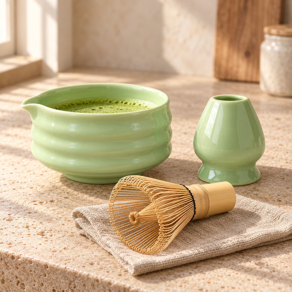 CHAPPAL matcha hazırlama seti, doğal taş tezgâhta sabah ritüeli