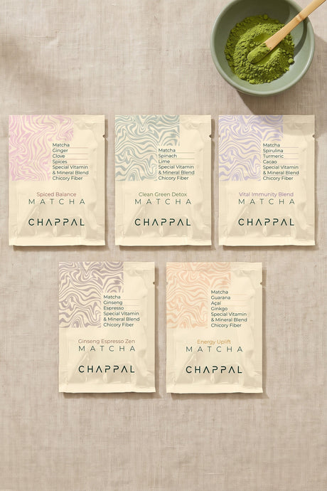 Chappal 5 fonksiyonel matcha poşeti – Spiced Balance, Clean Green Detox, Vital Immunity, Ginseng Espresso Zen, Energy Uplift