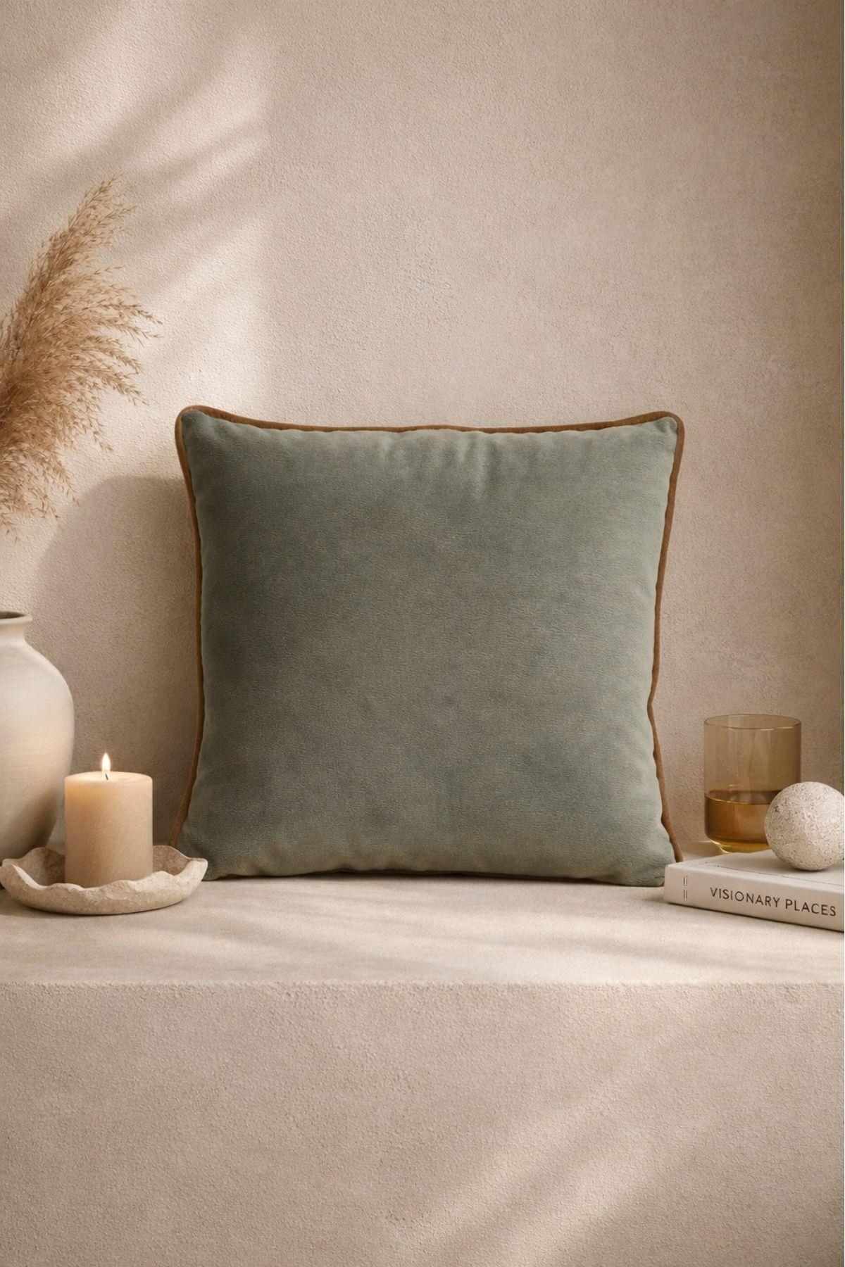 Açık Kahverengi Biyeli Haki Kadife Kırlent