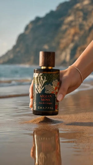 Chappal Aegean Moss kolonya, deniz kıyısında elde tutulan lifestyle ürün görseli