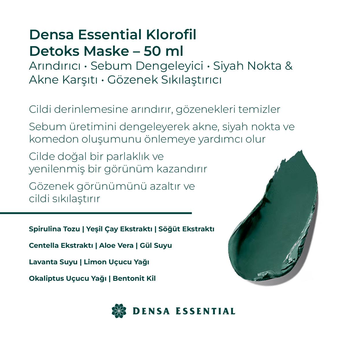 Densa Essential Klorofil Detoks Maske - Arındırıcı & Sebum Dengeleyici - Akne/Siyah Nokta/Komedon Karşıtı - Gözenek Sıkılaştırıcı 50 ml