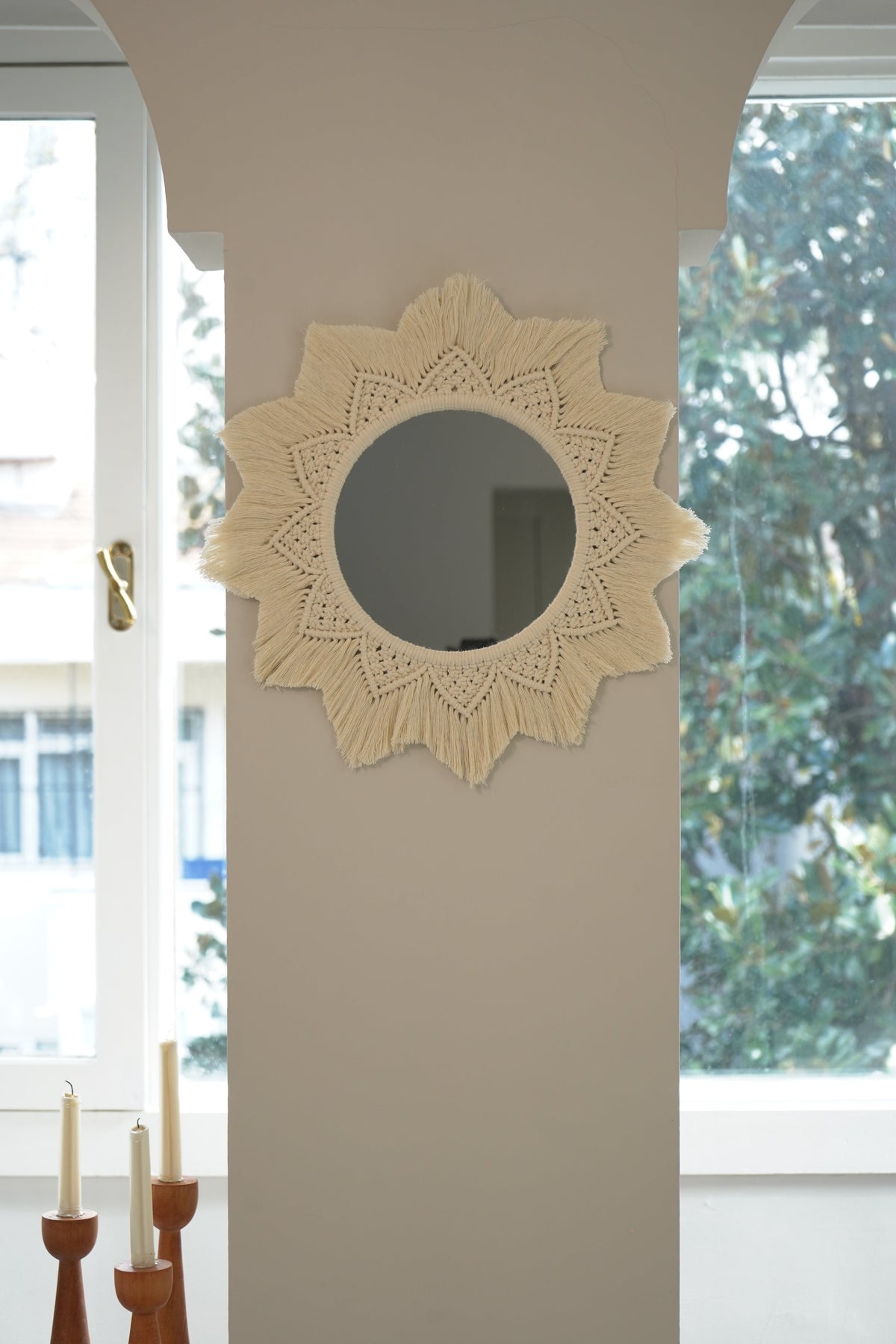 Güneş Desenli Ayna, dik konumda makrome ayna — CHAPPAL